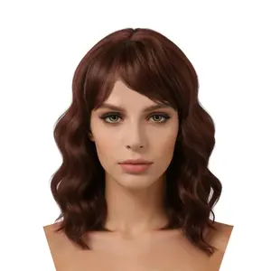Short Curly Bob Wig with Air Bangs for Women, Heat Resistant Synthetic Fluffy Wavy Hair for Daily Wear