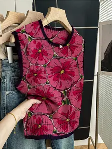 1 piece + Spring and summer back-to-school casual style loose round-neck sleeveless woolen knitted top with dark blue trim and contrasting red floral patterns, full-body printed women's knitted top for women going out, paired with a vest, worn alone