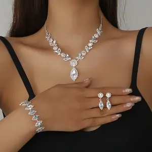 3pcs Luxury Sparkling Rhinestone Marquise Floral Necklace, Earrings & Bracelet Set - Elegant Bridal & Formal Event Jewelry Ensemble, Copper Base, White Golden Plated, Sparkling Embellishments, Elegant Accessories| Copper Base Jewelry, Wedding Jewelr