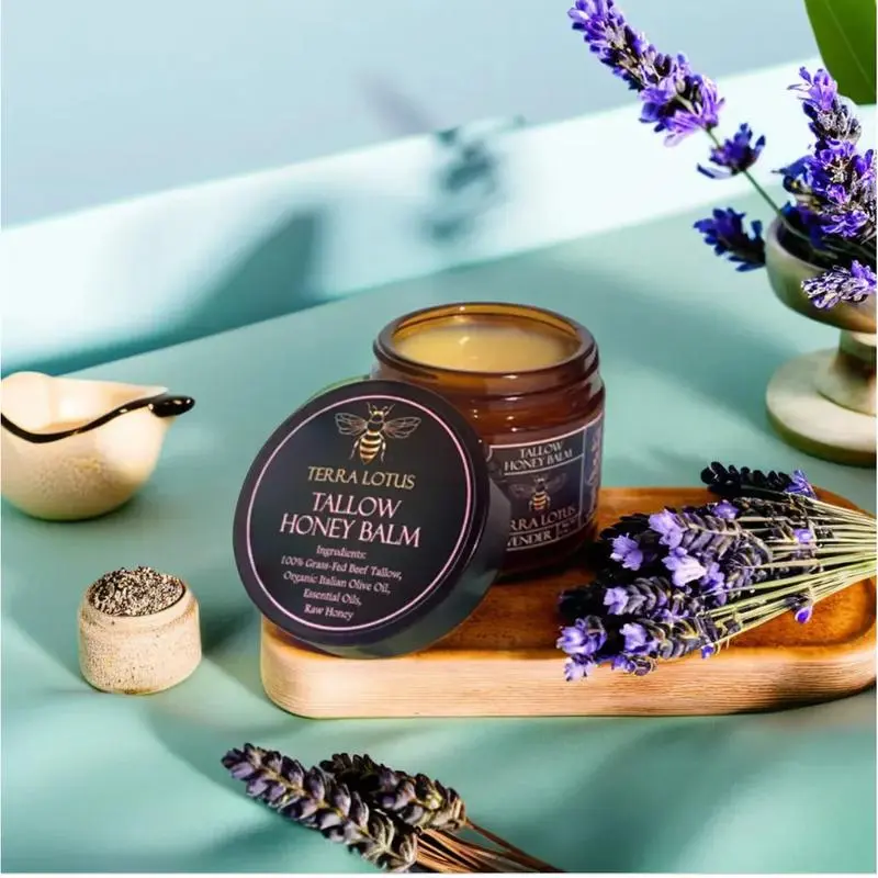 Terra Lotus Organic Grass-Fed Beef Tallow Balm with Raw Honey - Handmade All-Natural Moisturizer for Soft, Smooth, Radiant Skin