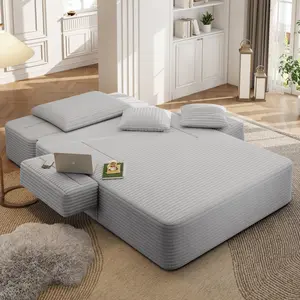 Luxurious Corduroy Fabric Sofa - Combination Sofa Bed, Convertible Futon, Frameless Design, Compression Foam, 3 Pillows, Storage Pocket for Small Spaces, Living Room Indoor Furniture