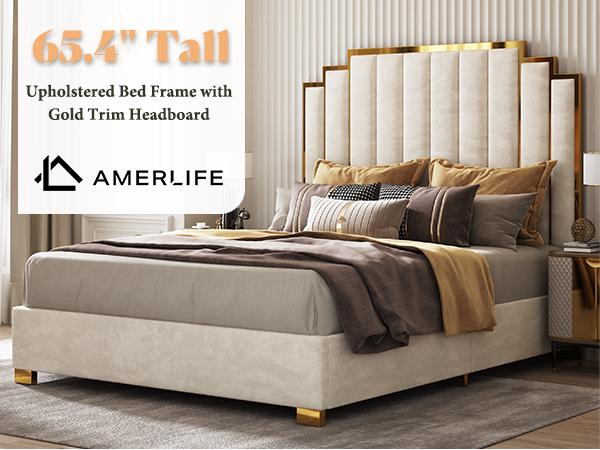 AMERLIFE Bed Frame with 65" Headboard, Upholstered Platform Bed with Golden Plating Trim, Modern Luxury Bed Frame, No Box Spring Needed/No Mattress/Queen/King//Unique Bedroom Furniture/Best Gift Ideas/Christmas Gifts[tiktokshopbacktoschool][SohoChic]