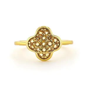 Round Yellow Citrine Pave 18K Yellow Gold Plated Silver Four Leaf Clover Ring