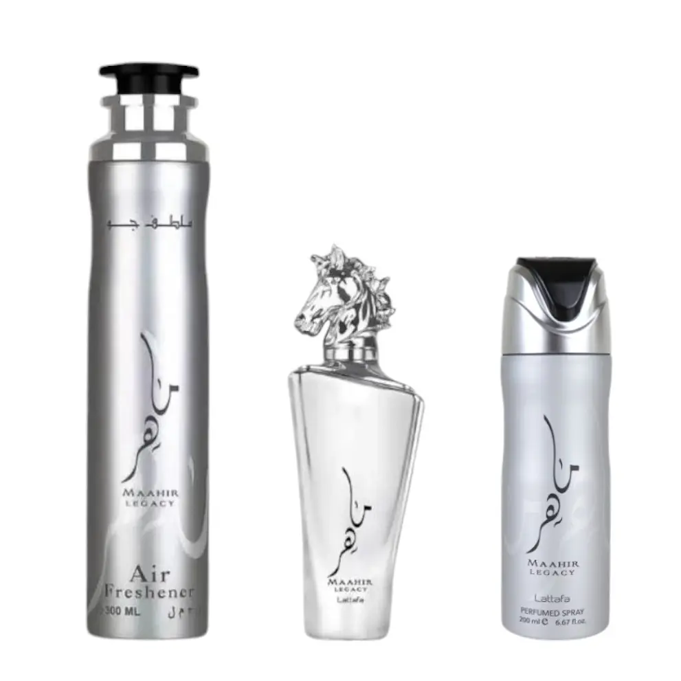 Lattafa Bundle | Maahir Legacy | Men's Fragrance | 100 ML - 300 ML | Eau De Parfum + Body Spray + Air Freshener | Citrus - Apple & Bergamot