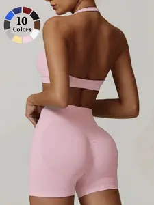 Sexy Women's Sporty Fitness Tank Set, Halter Bra Top + High Waist Butt Lifting Shorts, Gym Yoga Pilates Short Pants, Quick Dry Sweat Absorbent, Gymswear, Workout Sets