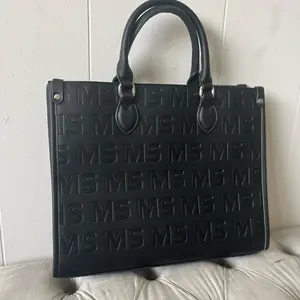 MS Signature Tote Handbag - Black with Embossed 'MS' Pattern and Handles Size 35.13.28.5 Medium Pink Interior with MS Logo