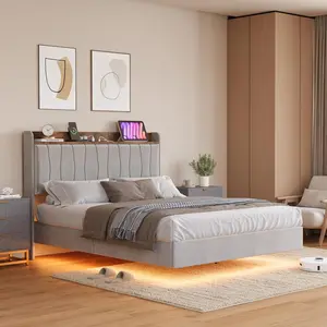 Queen Size Sturdy Floating Bed Frame, Upholstered Platform Bed with LED Lights, Charging Station and Upholstered Storage Headboard, Noise-Free Grey Indoor Furniture, No Box Spring Needed, Bedroom Set