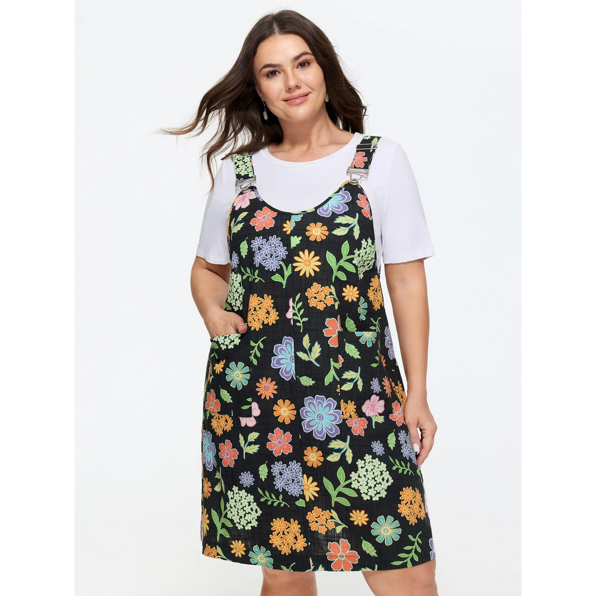 BloomChic Women's Plus Size Sleeveless Smooth Cotton Floral Print Garment Fabric Pull-On Overall-Strap Knee-Length Mini Dress, Fit & Pocket, 2026 [M-6X], Summer Casual Wear, Hand Wash Only, No Tumble Dry
