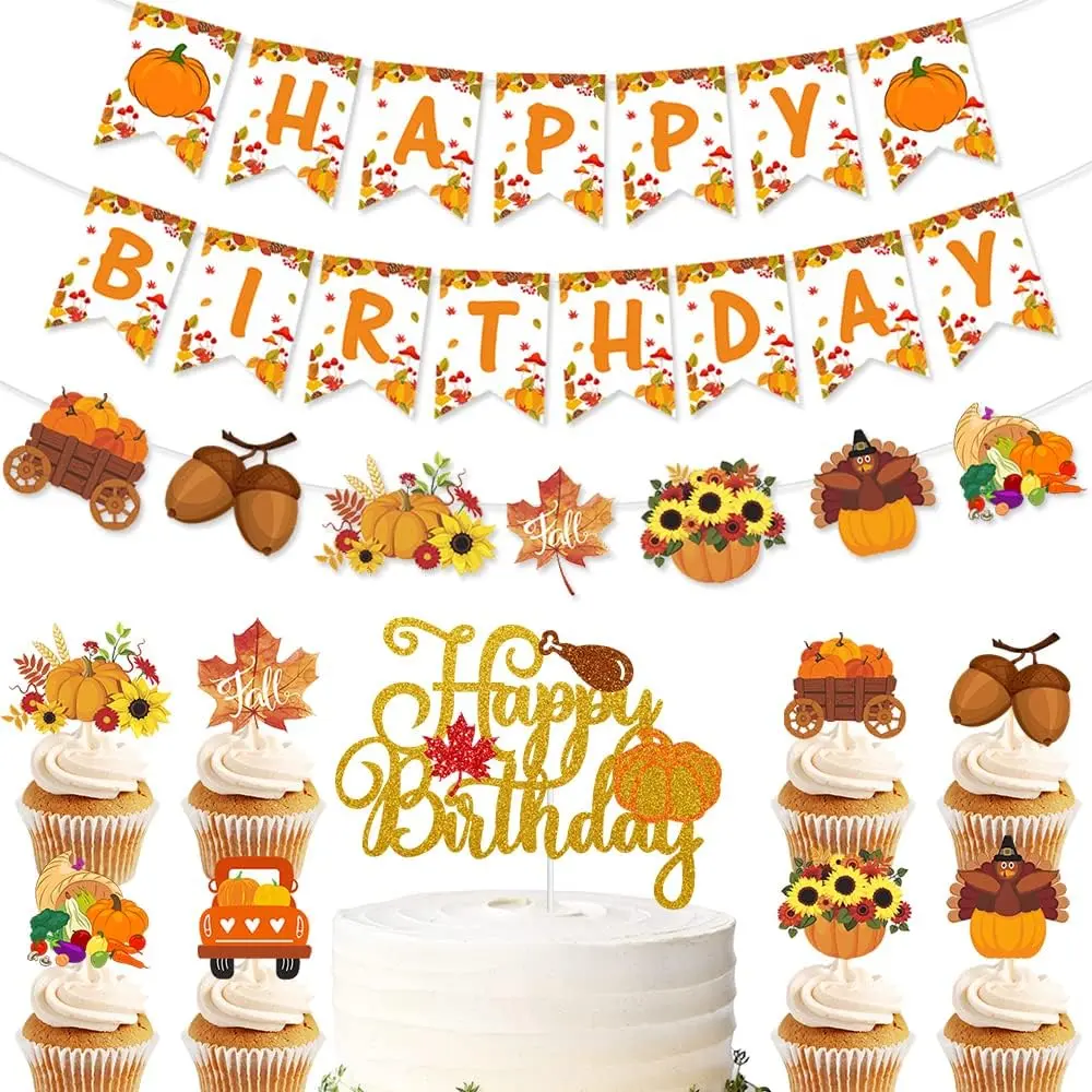 Autumn Birthday Party Decorations,Pumpkin Maple Sunflower Turkey Harvest Farm Party Supplies Favors,Fall Happy Birthday Banner,Thanksgiving Party Banner,Autumn Party Cake Topper SX Awmydx