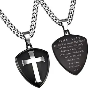 Cross and Shield, John 3:16 Necklace Bible Verse, Steel Curb Chain