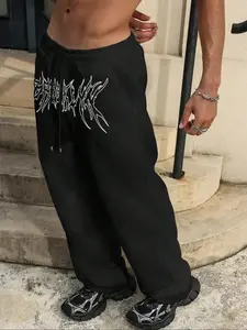 Men's Casual Loose-Fit Graphic Print Pants, Drawstring Wide Leg Sweatpants, All-Season Comfortable Men's Clothing for Daily Wear, Casual Comfy Trouser