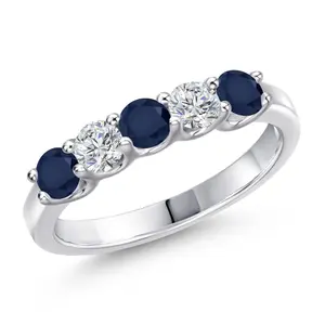 Gem Stone King 925 Sterling Silver Blue Sapphire and Lab Grown Diamond Alternate Wedding-Bands Ring For Women | 1.00 Cttw | Round 3.5MM | Gemstone September Birthstone