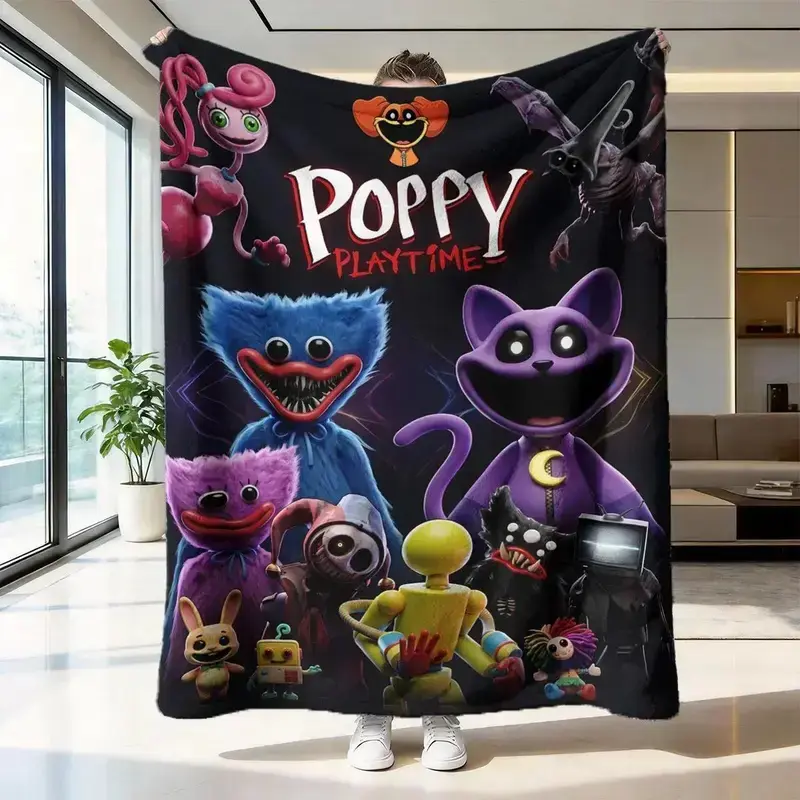Poppy Playtime Flannel Blanket, soft and skin-friendly, warm sofa/bedroom nap blanket, throw blankets, multi-scene use, classic style, printed pattern, great for travel, camping, or gifting
