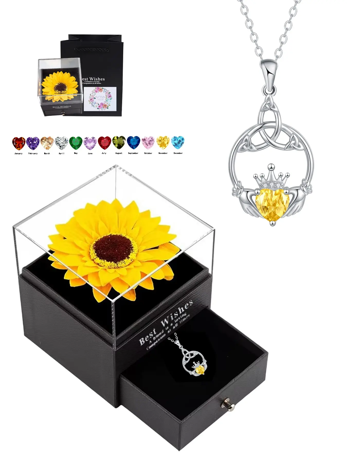 Women's Birthstone Necklace, Irish Claddagh Heart Pendant, Anniversary Birthday Gift, Metal Plated Gold Chain, Includes Gift Box