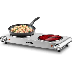 Cusimax 1800W Electric Double Hot Plate,Portable Burner for cooking,Electric Infrared Stove,Silver