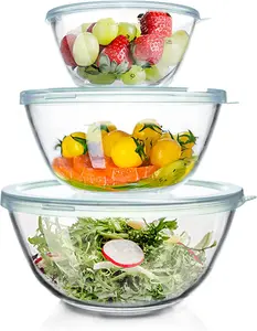 Glass Mixing Bowls with Lids Set (4.5QT, 2.7QT, 1.1QT), Large Salad Bowls, Space-Saving Nesting Storage Glass Bowls for Cooking Baking Prepping, Dishwasher Safe