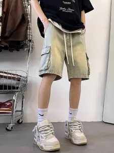 Men's Summer Washed Denim Shorts, Side Pocket Drawstring, Plaid Street Style, Loose Fit Mid Waist, Casual Five-Quarter Pants