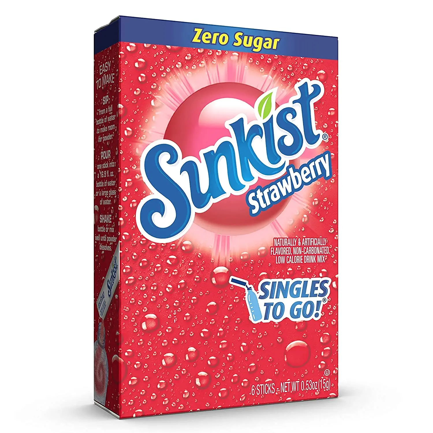 SINGLES TO GO! Sunkist Drink Mix Strawberry, 3 Boxes with 6 Packets Each - 0.03 Ounce (Pack of 18)