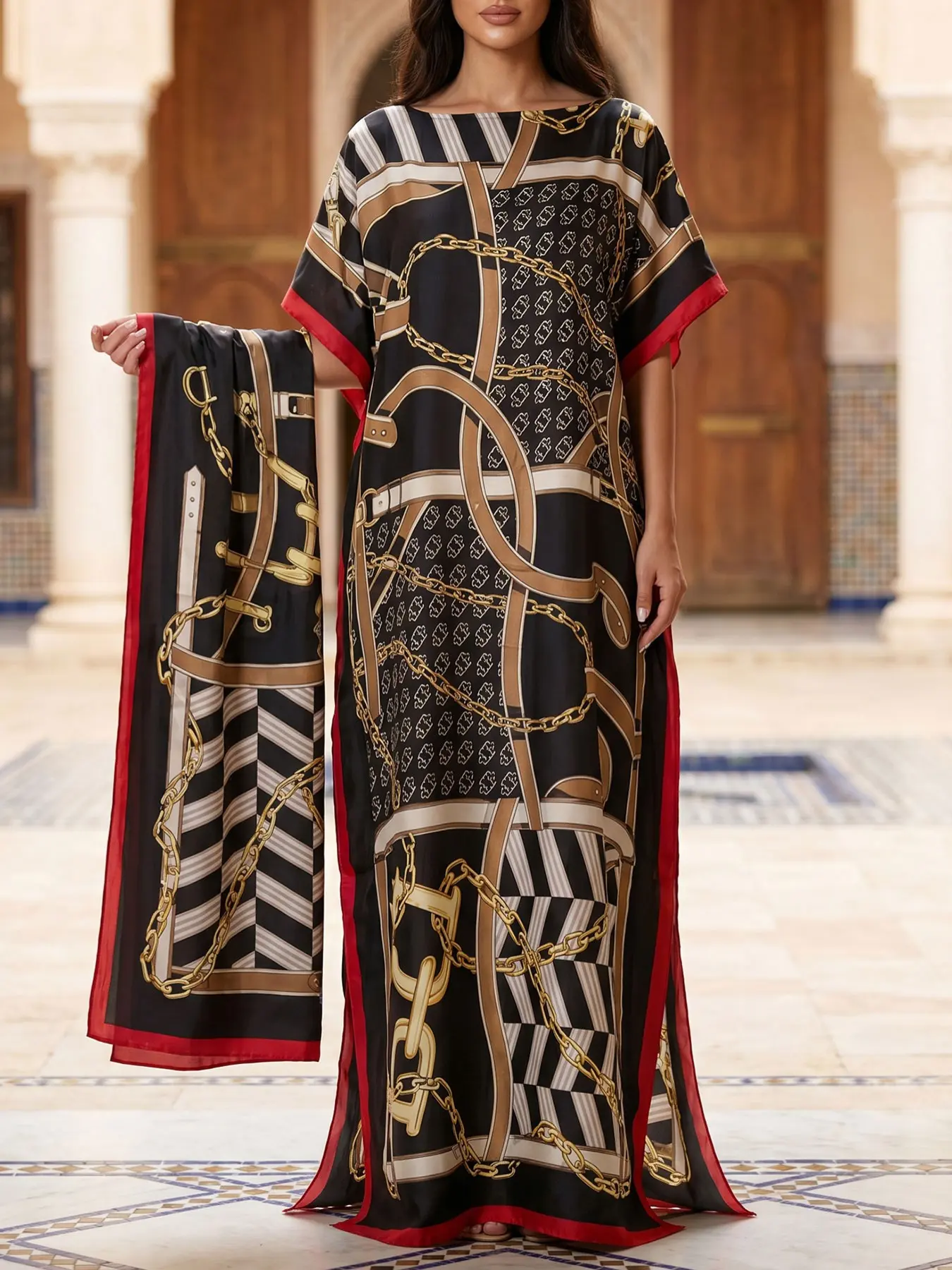 2-Piece Luxury Kaftan Set with Matching Scarf - Elegant Chain Print Maxi Dress for Vacation, Cruise & Resort Wear Beach Kaftans