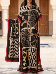 2-Piece Luxury Kaftan Set with Matching Scarf - Elegant Chain Print Maxi Dress for Vacation, Cruise & Resort Wear