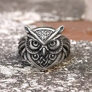 GTHIC Viking Celtic Knot Wisdom Owl Stainless Steel Ring for Men Women Unisex Jewelry Daily Wear