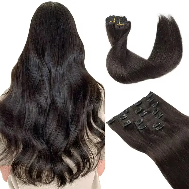 Chic Unisex 1B Natural Black Seamless Clip-In Human Hair Extensions, 100% Human Hair, 12-30 In, 16” In, 18” In, Secure Clips, Comfortable Lightweight Flat Weave for Everyday Glam