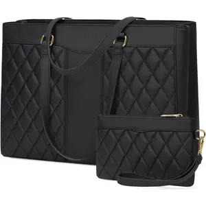 Laptop Bag for Women 15.6 Inch Work Tote Bags Leather Laptop Tote Professional Laptop Purse  Handbag Womens Briefcase Tote with Clutch for Teacher Office Travel, Black
