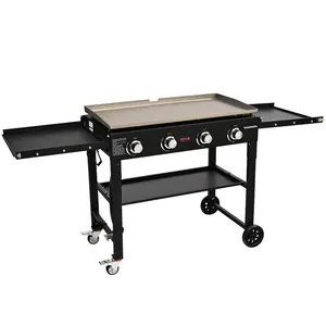 【Summervibes】VEVOR Commercial Griddle on Cart, 22" Heavy Duty Manual Flat Top Griddle, Outdoor Cooking Station with Side Shelves, Steel LPG Gas Griddle, 4-Burners Restaurant Portable Grill - 60,000 BTU