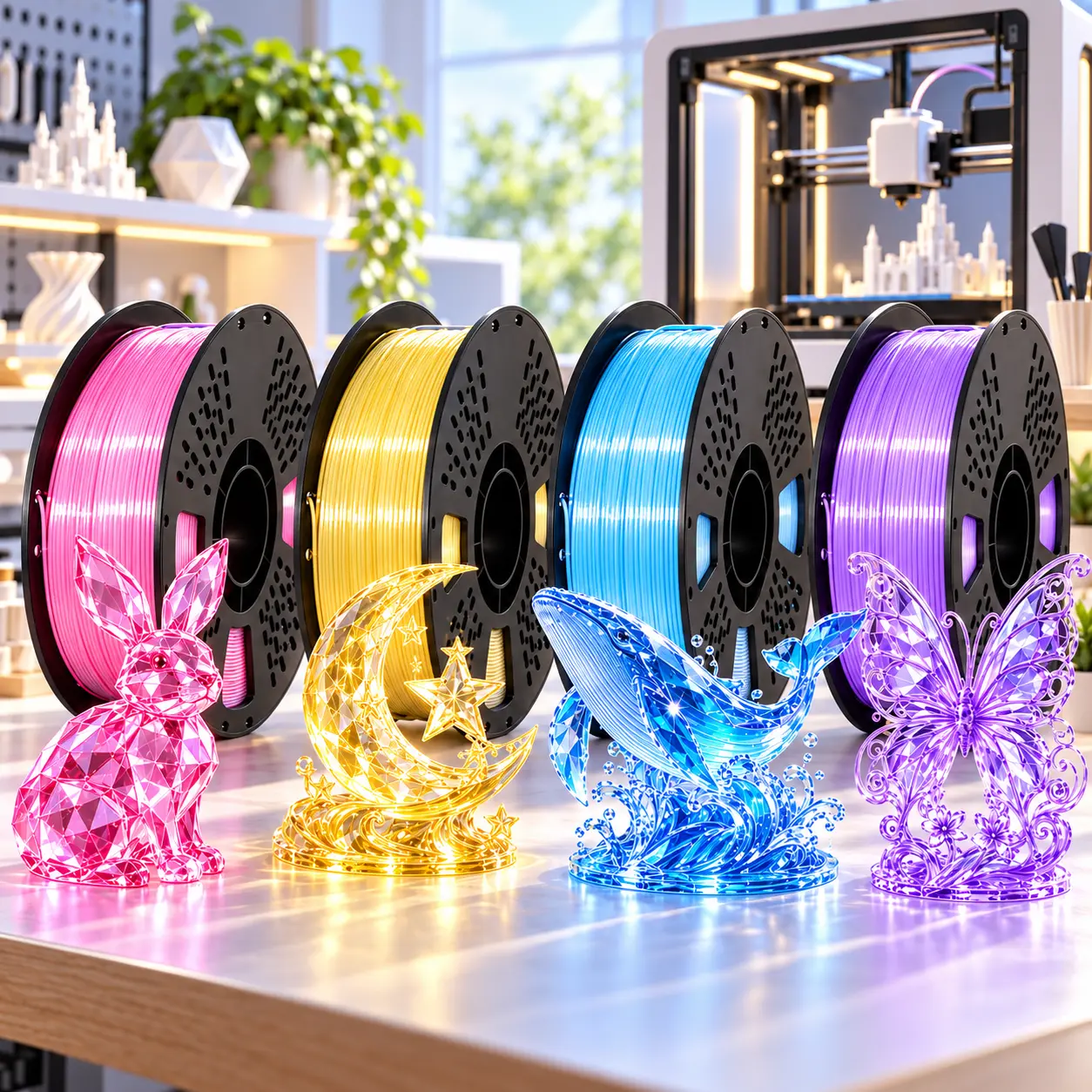 HELOLAND Crystal PLA 3D Printer Filament 1.75mm, 1KG 2.2LB Translucent Glossy Filament, 4 Colors Available, 3D Printing Supplies for FDM 3D Printers, DIY Crafts, Decorative Models & Creative Projects