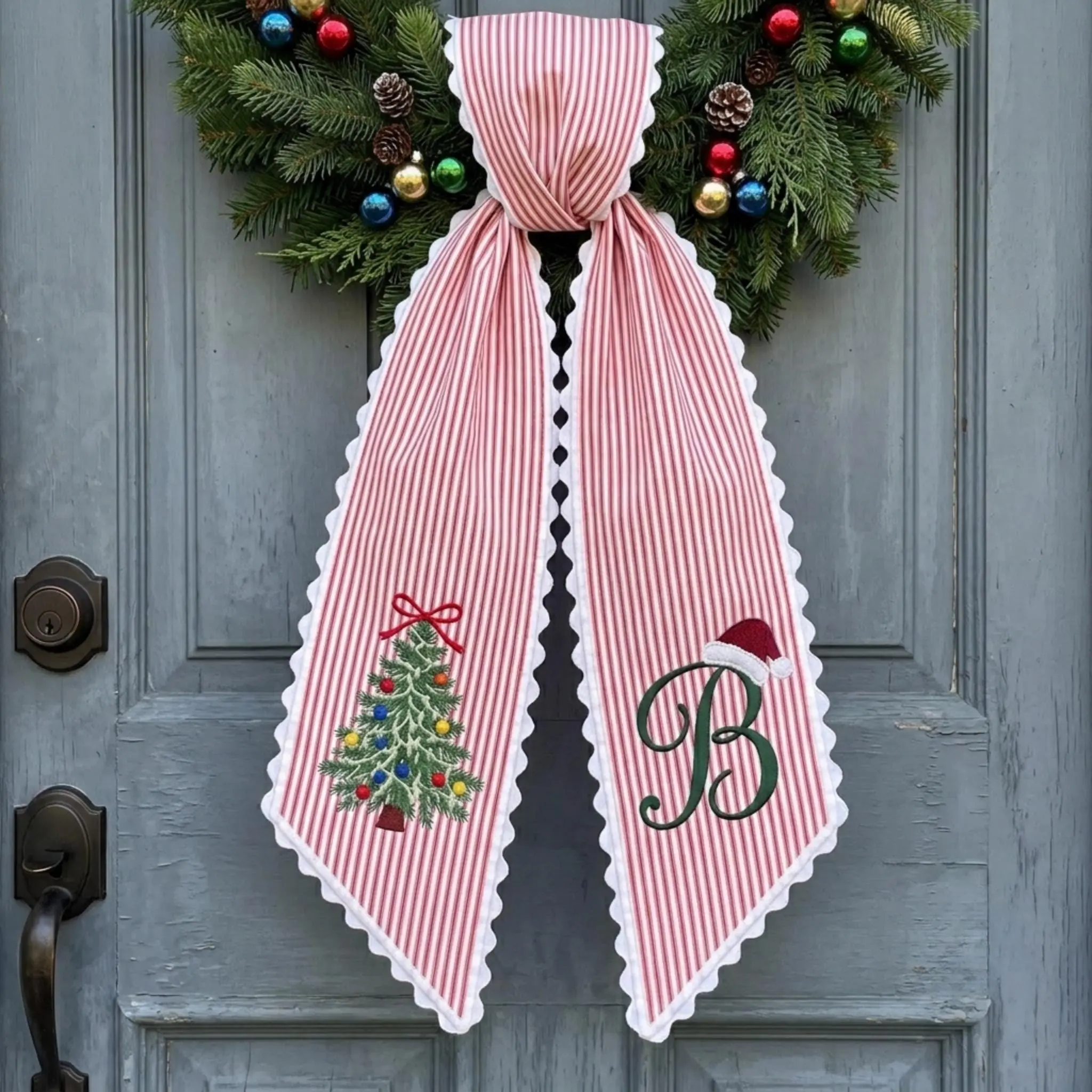 Custom Embroidered Christmas Wreath Sash, Personalized Santa Hat Monogram Bow, Stripe Ric Rac Holiday Decor, Xmas Gift