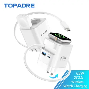 65W Apple Watch Wireless Type-C Charger, 4-in-1 USB C Fast Charger with Retractable Cable and Foldable Plug, GaN Portable PD Charger, Compatible with Apple Watch S10/S9/Ultra, iPhone 17/16/15, iPad, MacBook Air Series, etc.