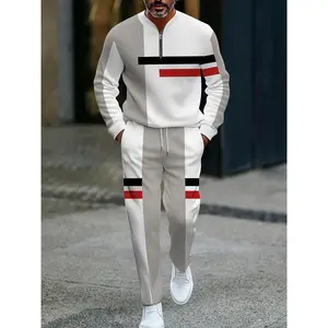 Men’s high-end casual suit featuring a gray geometric patchwork pattern—long-sleeve top and long pants for daily street wear