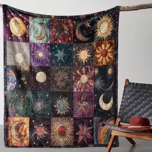 Flannel Blanket Sun and Moon Pattern Patchwork, Soft Warm Comfortable Throw for Sofa Bed Car Office Camping Travel All Seasons, Soft Comfy Blanket