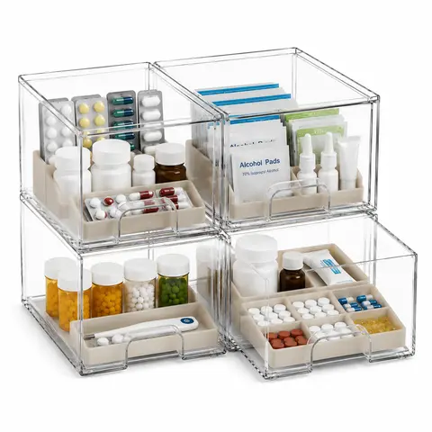 4 Pack Acrylic Drawer Organizer, Clear Stackable Storage Drawers for Bathroom Vanity, Makeup, Office & Craft Room, Dustproof Easy-Clean