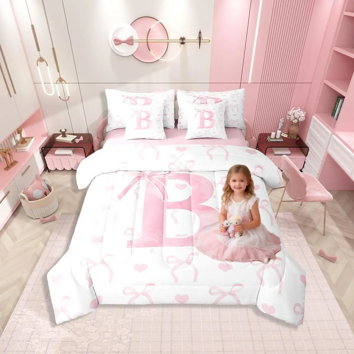 Girls Pink Bow Bed in A Bag,Romantic Princess Pink Bow Comforter Set with Sheets,Coquette Alphabet B Butterfly Knot 7 Pcs Bedding Set,Kawaii Love Heart Bedding Comforter Sets