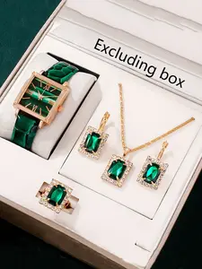 1 piece/set of fashionable, versatile and personalized women's watches, retro square pointer quartz watch, green watch, paired with 4 pieces/set of jewelry set with crystals, a gift for mom