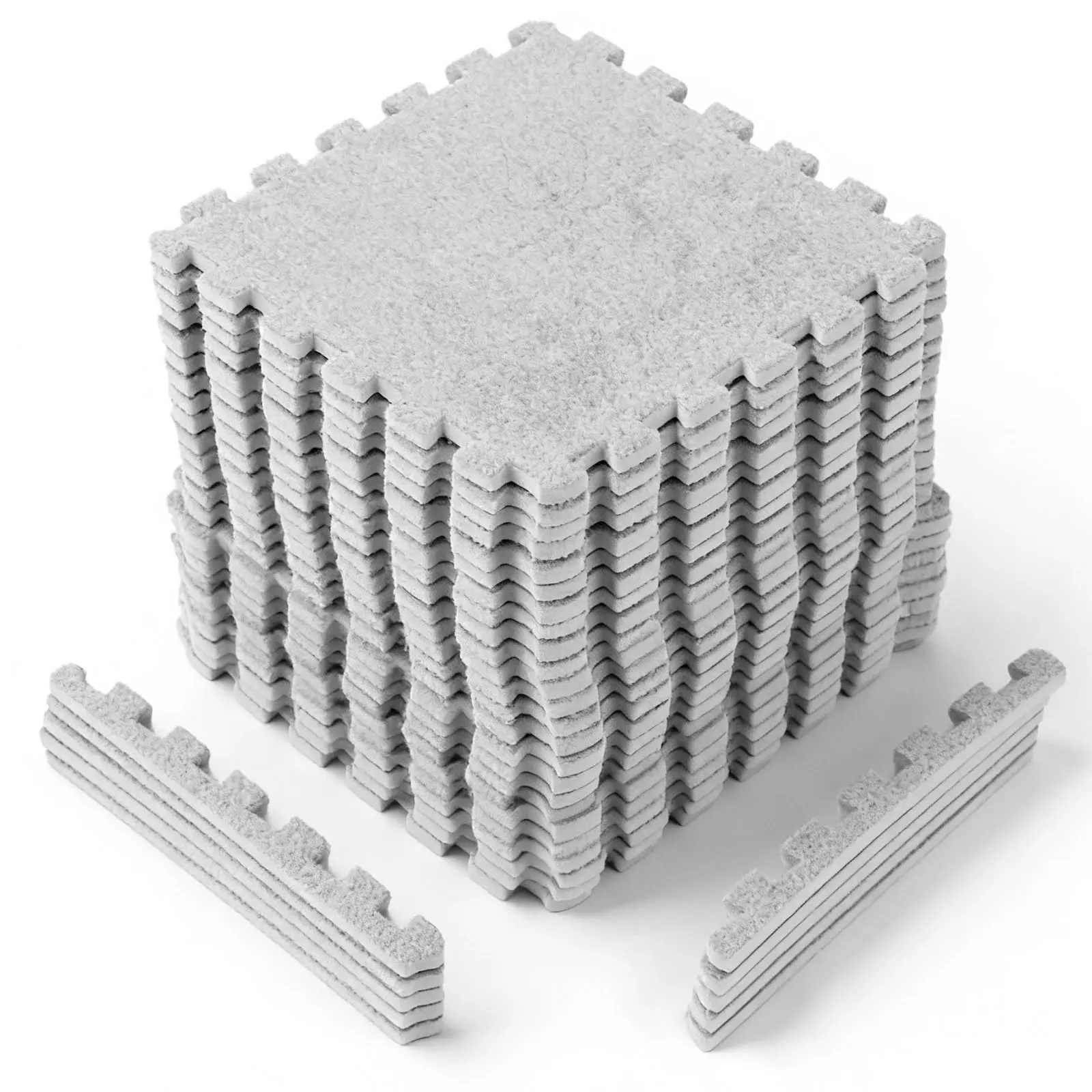 24 PCS Thickened Plush Interlocking Floor Mat Fluffy Square Tiles EVA Foam Matswith Edgings Soft Anti-Slip Exercise Play Mat for Room, 11.8" x 11.8" Grey summerwins