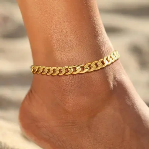 FREEKISS Gold Women's Fashion Flat Cuban Ankle Bracelet, Waterproof Thick Chain Cuban Chain, Suitable for Summer Outfits and the Beach, Jewellery