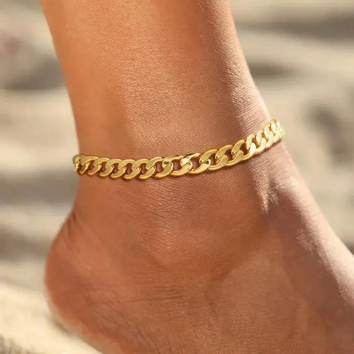 FREEKISS Gold Women's Fashion Flat Cuban Ankle Bracelet, Waterproof Thick Chain Cuban Chain, Suitable for Summer Outfits and the Beach, Jewellery backtoschool
