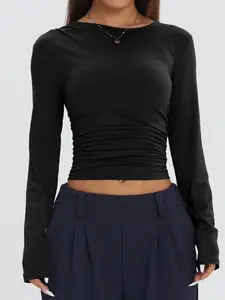 Women's Asymmetrical Ruched High Elastic Long Sleeve Top, Outdoor Casual Exercise Hiking Daily Commute Street Fashion Short Round Neck, Active Top, Activewear T Shirt, Fitness Clothes Tops, Athletic Style Activewear