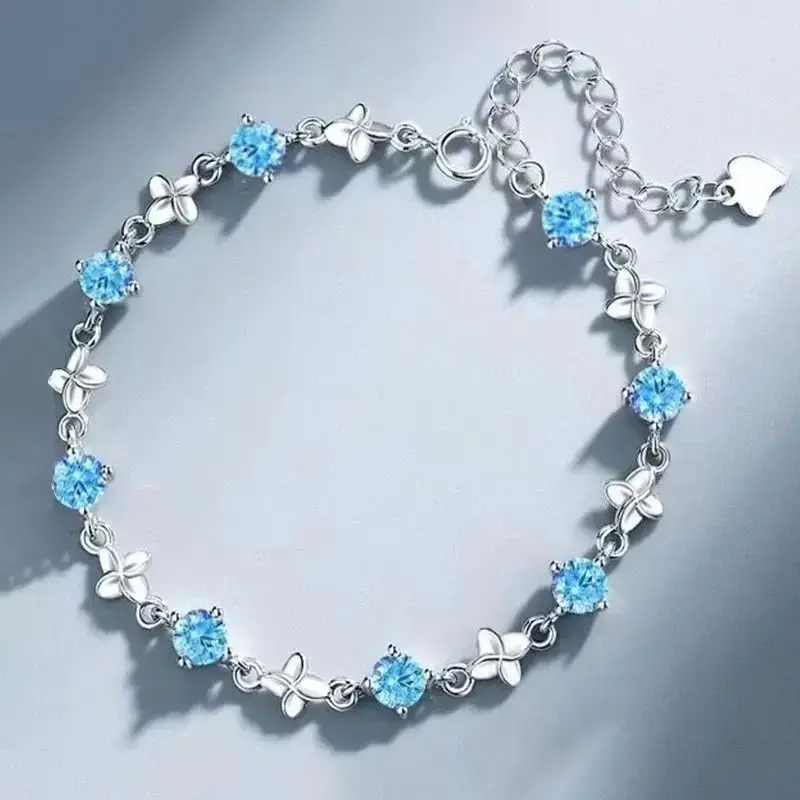 925 Sterling Silver Leaf Shaped Bracelet for Women Vintage Korean Shiny White Crystal Adjustable Bracelets Jewelry Party Jewelry