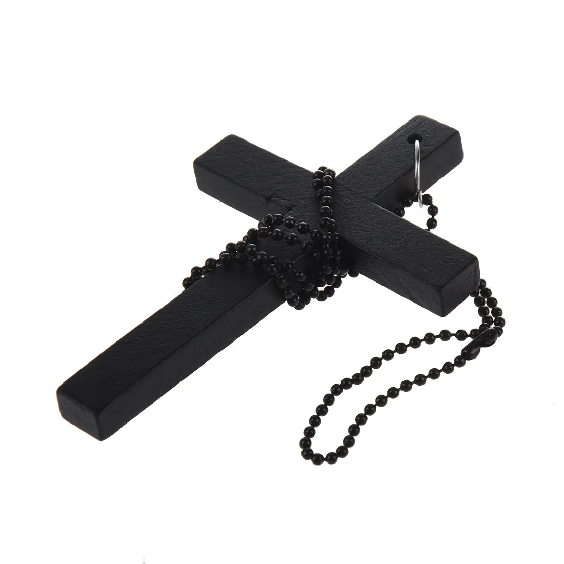 Female Black Wooden Cross Shape Pendant Necklace with Metal Beaded-Link Chain, 10.3x6.7x0.7cm Size, 30.3inch-77cm Adjustable Chain Length