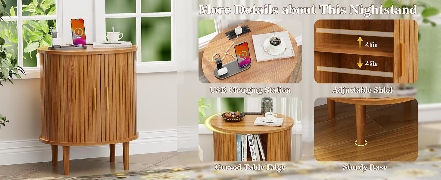 DHH Modern Yellow Oak Oval Nightstand with Charging Station, Aesthetic Bedside Table with Power Outlets, Versatile Fluted End Table for Living Room, Bedroom & Entryway