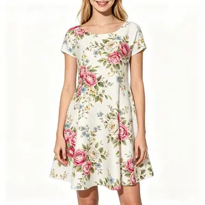Vintage Floral Print Dress for Women Elegant Knee Length A-Line Swing Dress Short Sleeve round Neck Summer Casual Dress Fit and Flare Dress for Wedding Guest Party Cocktail Holiday Beach Travel Lightweight Comfortable