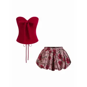Cider Velvet Bow V-neck Lace Up Bandeau Top & Mid Rise Floral Bubble Hem Shorts Set