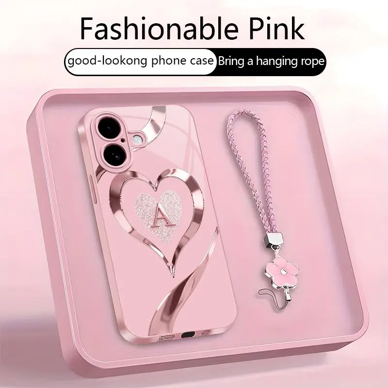 Suitable for [iPhone 16 ] Personalized A-Z Initial Rose Gold Heart Monogram Phone Case | Metallic Painted Glass Protective Cover with Pink Petal Wrist Strap | Shockproof Drop Protection, Anti-Scratch & Anti-Fingerprint -JS996