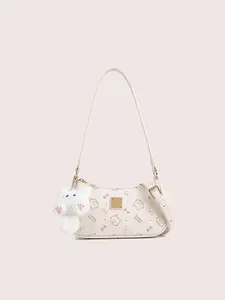 Cow&Kitty Kawaii Kitty Print Mini Shoulder Bag for Women, Apricot Cream Cute Baguette Purse with Plush Charm, Small PU Leather Aesthetic Underarm Handbag with Zipper, Lightweight Fashion Bag for Travel, Shopping, Daily Use