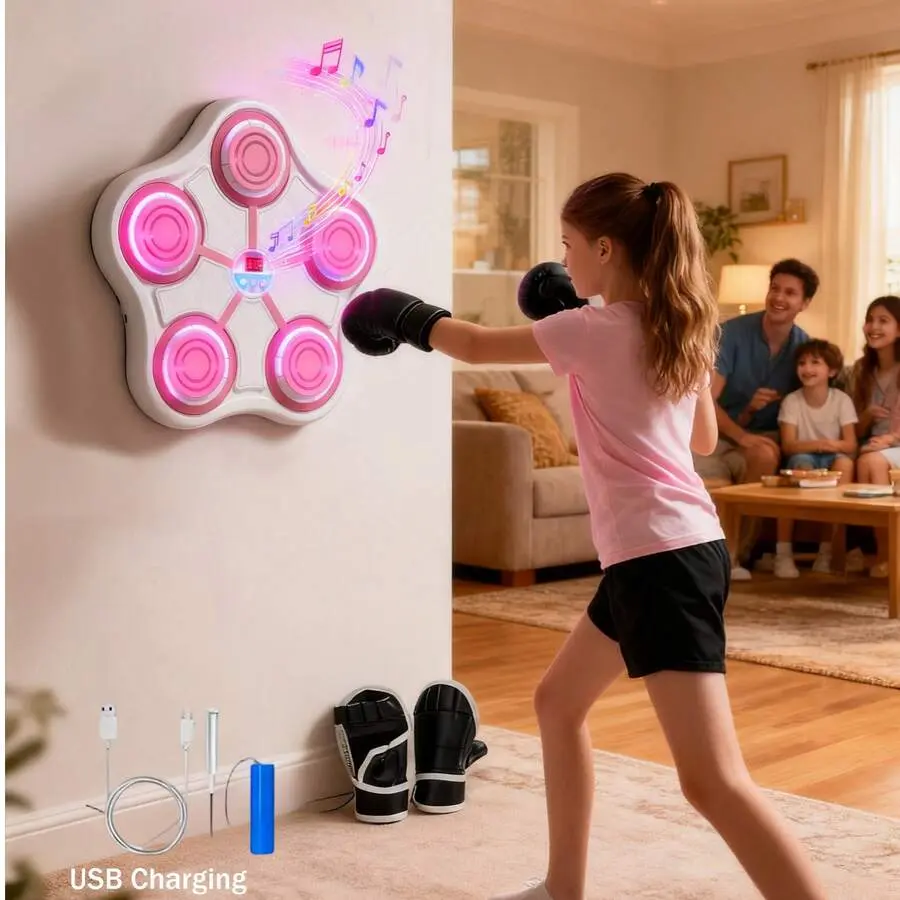 Smart Music Boxing Machine Set, Wall-Mounted ABS Home Workout Equipment for Adults & Kids, with Bluetooth, LED Display & Gloves for Stress Relief, Boxing Set, Training Boxing Equipment, Unisex, Cool Lights, Interactive, 9 Modes