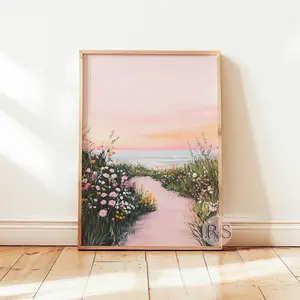 [Sale up to 50%] [Free Ship] Pink Coastal Beach Spring Wildflower Landscape Painting Art Print, Pink Sky Ocean Wildflower Seascape Printable Art
