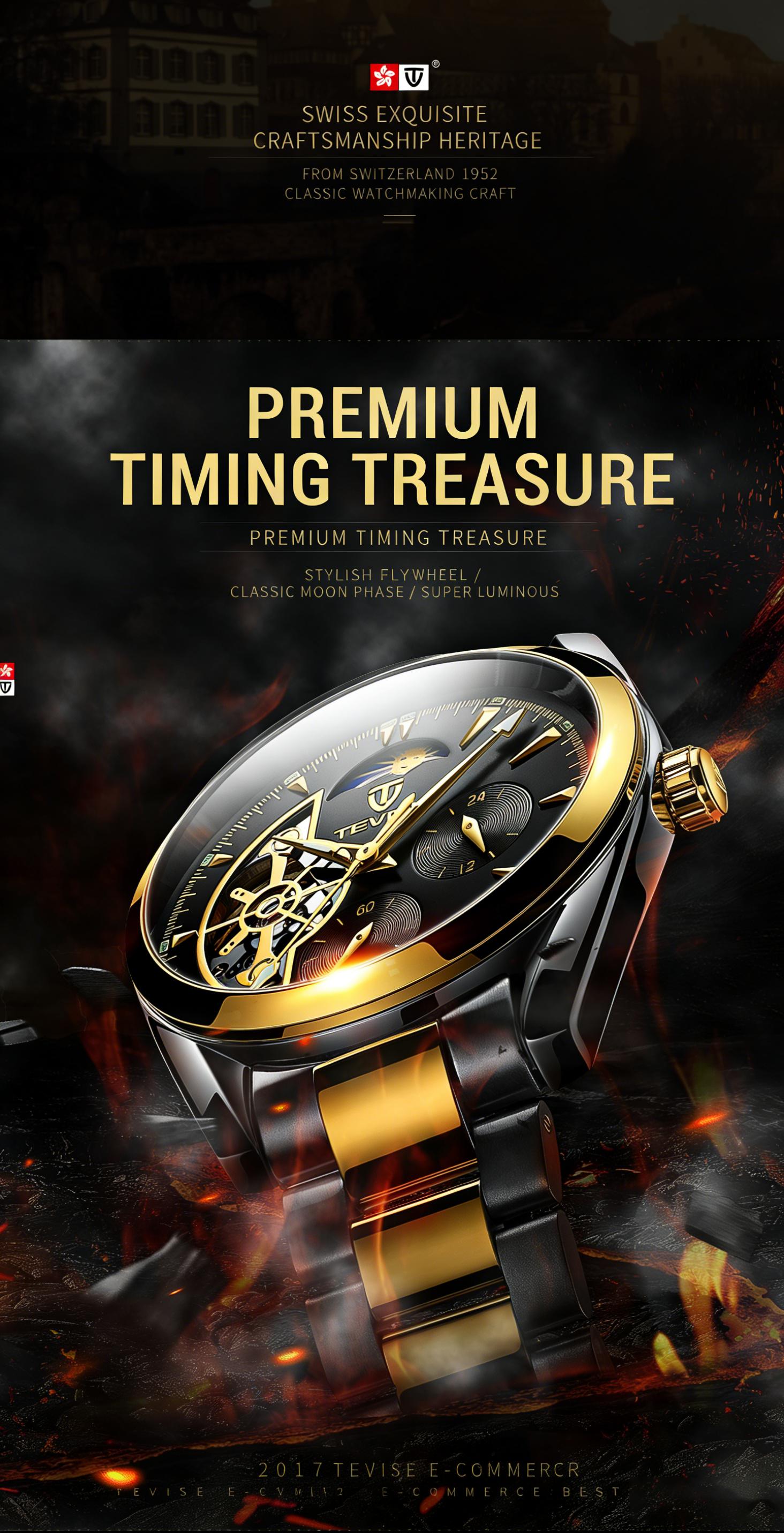 Luxury Men's Skeleton Watch, Moon Phase, Automatic Movement, Business Stainless Steel Wristwatch